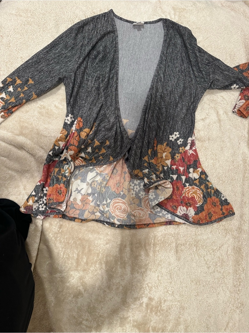 LuLaRoe Gray Open-Front Cardigan with Orange, Red, Cream Floral Border